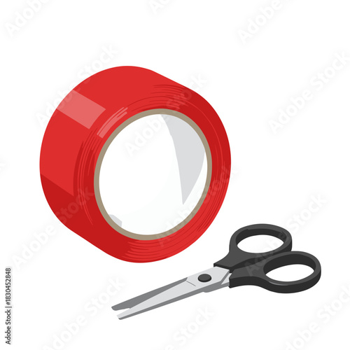 Red duct tape roll and scissors for crafting or home repairs  