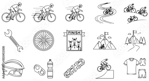 Bicycle and Cycling Related Icons Depicted in Black and White Sketches, Including Accessories and Training Images for Cyclists