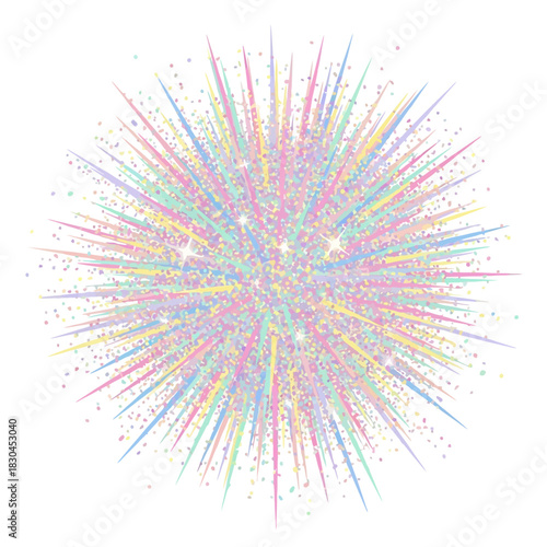 Festive explosion of soft pastel colored glitter and confetti starburst on a white background