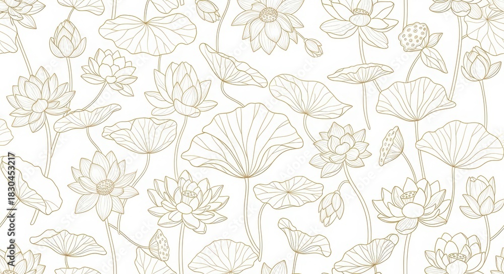 Fototapeta premium Elegant golden lotus flower pattern on white background, serene botanical design