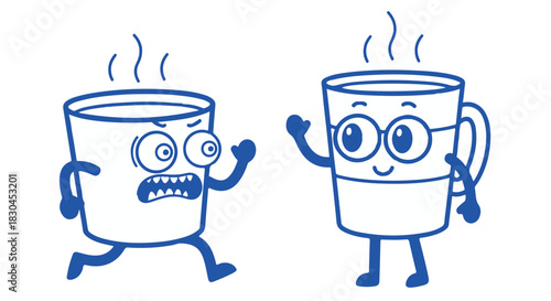 Blue Cartoon Coffee Cup Characters Depicting Contrasting Emotions with One Scared and the Other Happy on a White Background