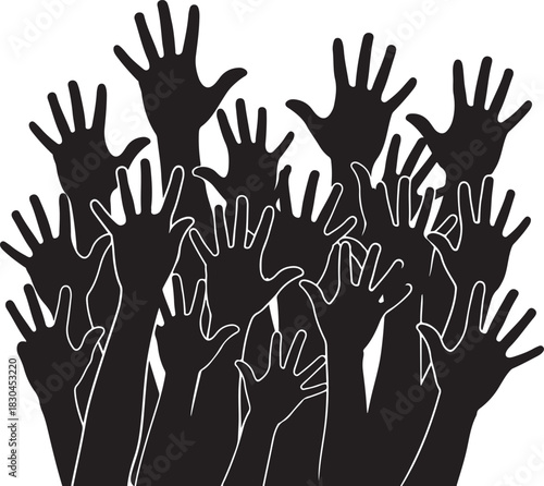 Crowd of hands reaching up together in black and white