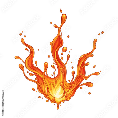 Orange liquid splash with water droplets and radiant glow