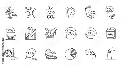 Carbon Footprint, Climate Change, Greenhouse Gas Emission, and Environmental Impact Icons for Sustainable Development Awareness and Global Warming Prevention Initiatives