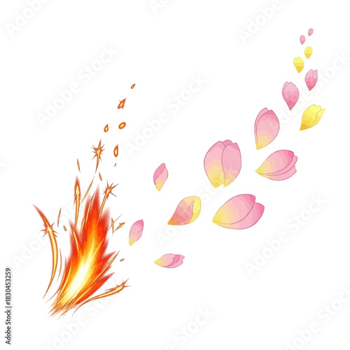 A spiritual illustration of a blazing fire transforming into delicate floating flower petals