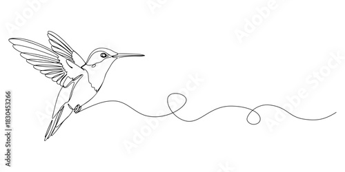 Continuous one line drawing of a hummingbird, symbolizing beauty and speed, line art style vector illustration.