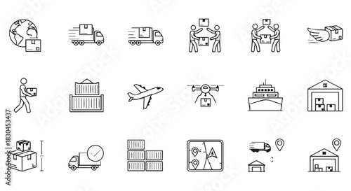 Logistics, Delivery and Shipping Icons Showcasing Global Transport, Warehousing, and Route Planning for Business in a Black and White Outline Style