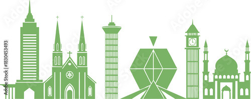 Global landmarks silhouette, green vector illustration, mosque with domes, cathedral spires, skyscraper, clock tower, cultural architecture, worldwide heritage design