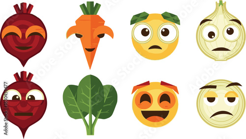Cartoon Vegetables with Expressive Faces: Beet Carrot Spinach Onion.