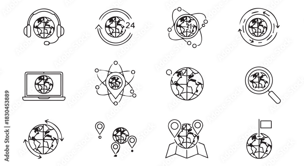 Fototapeta premium Global Networking and Services Icon Set with International Support and Worldwide Connection Concepts in Line Art Style