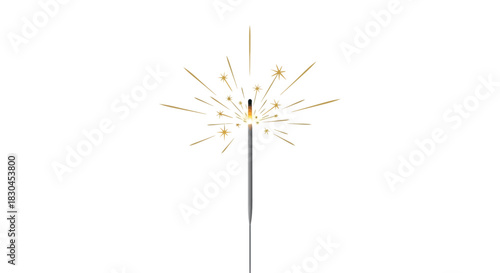Realistic burning sparkler with bright golden sparks isolated on a white backdrop for holiday celebrations