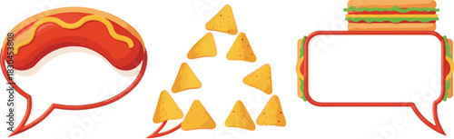 Vibrant cartoon food speech bubbles featuring hot dog nachos and layered sandwich vector illustrations.