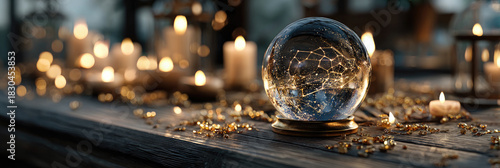 Astrology forecast scene with glowing crystal ball reflecting zodiac constellations, warm candlelight and mystical magical atmosphere, fortune telling concept, copy space