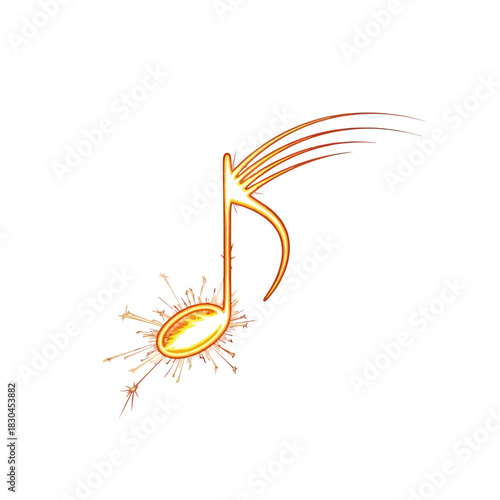 Musical Note Glowing with Energetic Sparkles and Fiery Streaks on a White Background