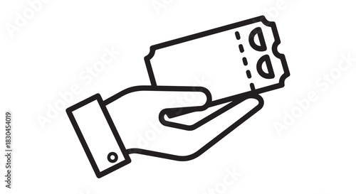 A stylized hand presenting a ticket with perforation, represented in a clean, minimalist black and white line drawing, icon style