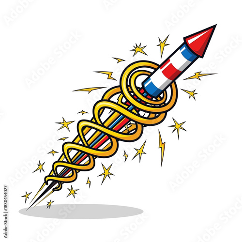 Vibrant illustrative rocket launching with a dynamic golden trail, symbolizing exciting progress and impactful upward motion