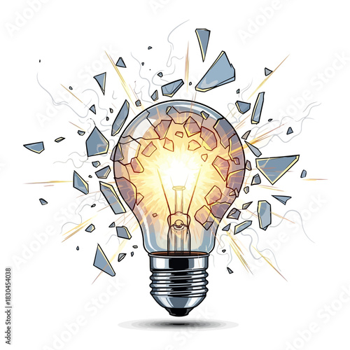 Dynamic illustration of a light bulb exploding, symbolizing a sudden burst of creativity and an innovative breakthrough moment