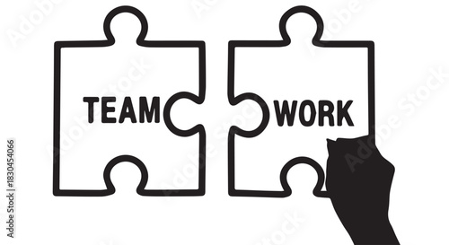 Teamwork concept presented with puzzle pieces fitting together and hand to assemble, emphasizing collaboration and success.