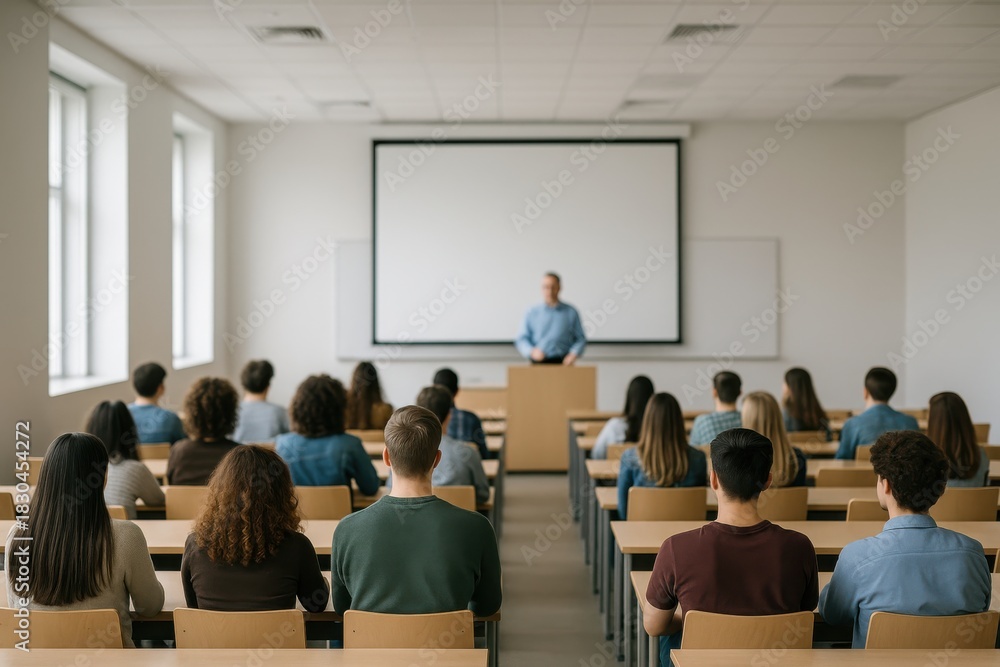 Obraz premium University classroom with teacher and simplified students forming bright structured academic scene shaped by clean interior and natural daylight supporting modern learning context
