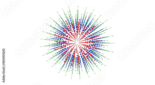 Abstract burst of red blue and green dots creating a starburst effect on white background