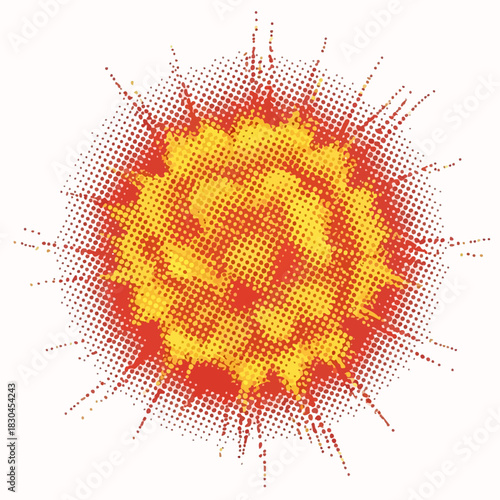 Stylized retro explosion graphic with a pop art comic book halftone dot pattern effect