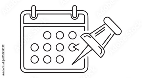 Line art calendar with a push pin, denoting appointment, date or schedule setting, and meeting planning illustration