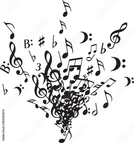 Music notes illustration flowing upwards in black and white