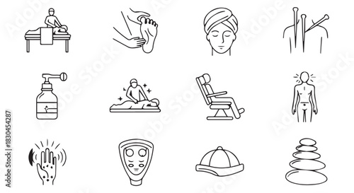Diverse wellness and spa treatments represented through a collection of minimalist line icons, conveying relaxation and holistic healing