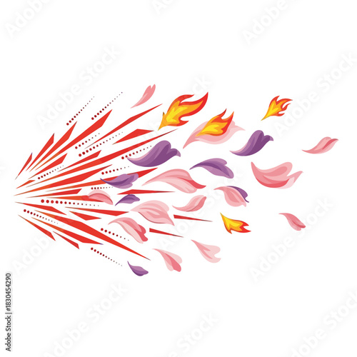 Abstract graphic illustration depicting dynamic burst of fiery and floral elements in motion, symbolizing energy and transformation and creative design