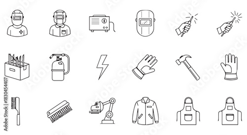 Icon Set Depicting Tools and Protective Gear Used in Construction, Manufacturing, and Welding Trades on a White Background
