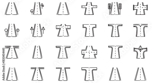 Set of Road Icons Representing Different Types of Roads, Intersections, and Traffic Control, All Rendered in a Simple Line Art Style