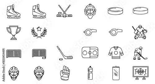 Line Art Depicting Hockey Equipment and Gameplay Elements, Ideal for SportThemed Illustrations or Infographics Project Design Resources