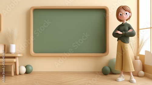 3D teacher positioned before classroom chalkboard creating sophisticated academic scene shaped by soft light and neat structure supporting modern professional education tone