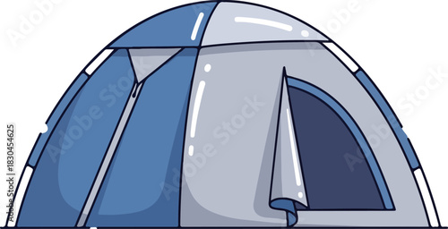 Illustration of a blue camping tent with a zipper and a rolled-up door, perfect for outdoor adventures and camping trips, representing shelter and nature