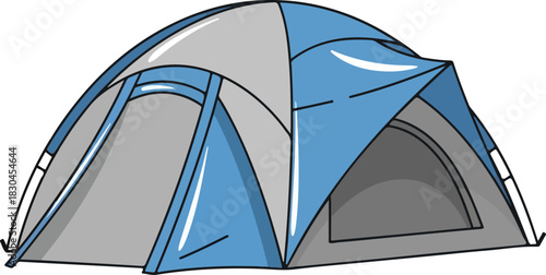 Illustration of a dome-shaped camping tent with blue and gray fabric, offering shelter and protection for outdoor adventures and camping trips