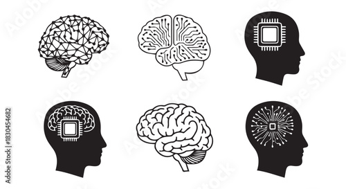 Brain and AI Concept Art Collection Showing Abstract Neural Networks, CPU Integration, and Thought Processes