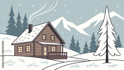 Illustration of a cozy cabin nestled in a snowy winter landscape with mountains and evergreen trees around it
