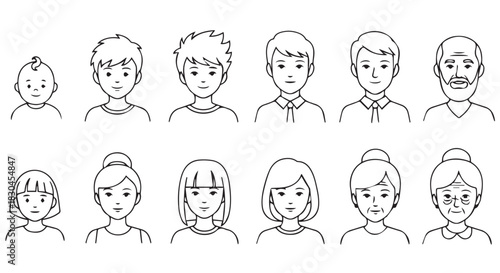 Illustrations showing human life stages with a set of men and women at varying ages from infant to old age