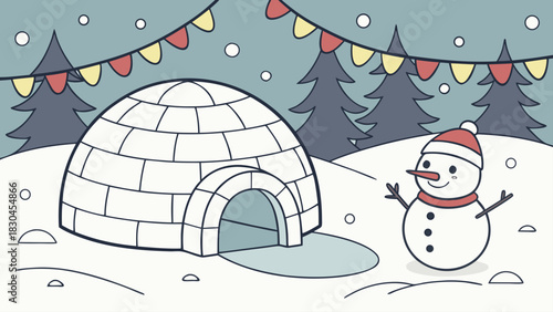 Illustration of an igloo and snowman in a snowy landscape with festive bunting hanging above them all