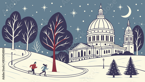 Couple running in a winter park with capitol building in the background under a starry night sky with moon