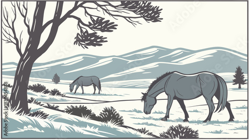 Two horses graze in a field with a large tree and mountains in the background in a simple illustration
