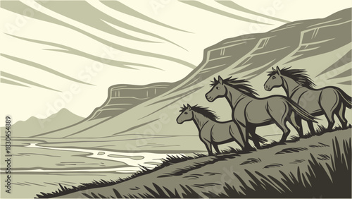 Illustration of three horses in a field with mountains and a river under a cloudy sky landscape