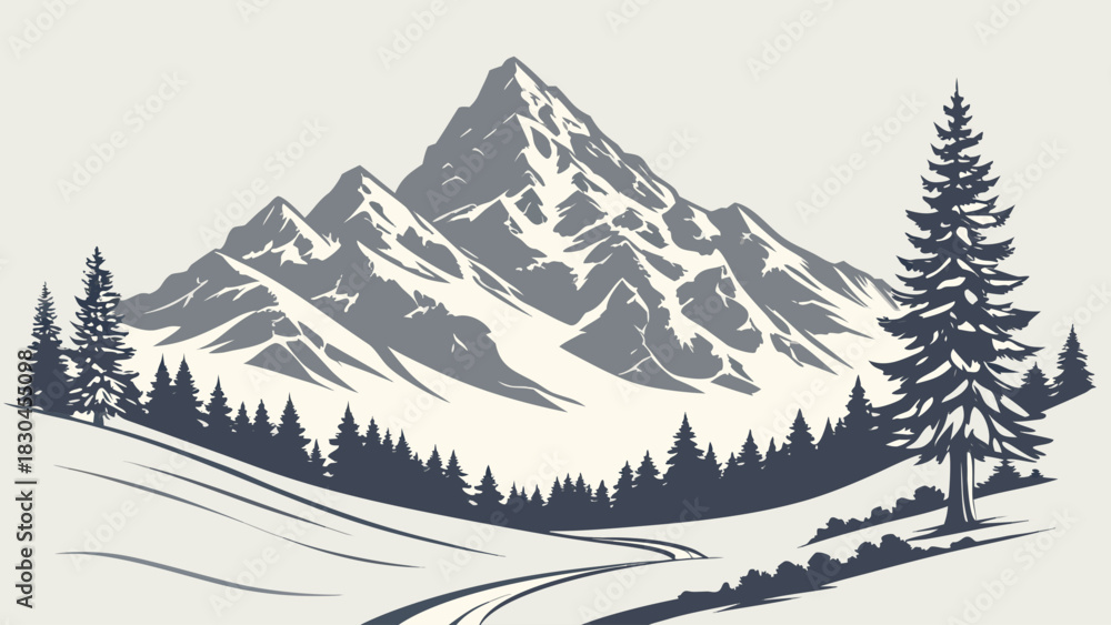 Fototapeta premium A snowy mountain landscape with evergreen trees and a winding path through the snow covered valley floor
