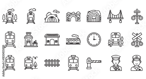 Set of Linear Train Icons Featuring Trains, Tunnels, Bridges, Stations, Track Elements, Personnel, and Other Railway Related Symbols