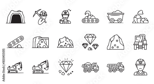 Mining Iconography Featuring Miners, Machinery, Excavation, Trucks, Diamonds, Mineshafts, Ores, Conveyors, and General Depictions of Activities Inherent in Mining Industries