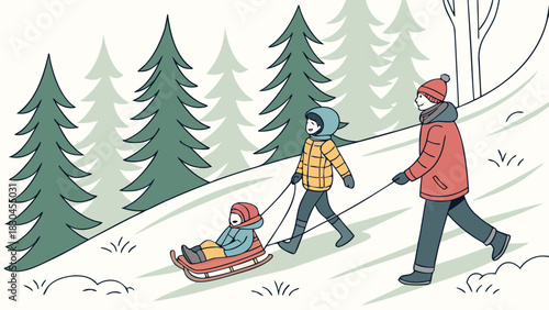 A family enjoying a winter day pulling a sled up a snowy hill surrounded by tall evergreen trees