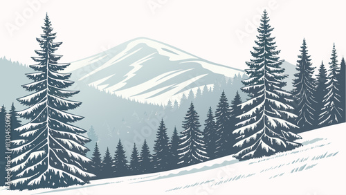 A winter landscape with snow covered ground and pine trees against a mountain backdrop scene view