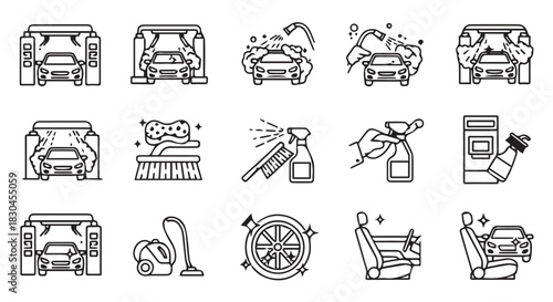 Comprehensive Car Wash Icon Set Depicting Various Cleaning Methods, Including Automatic Washes, Interior Detailing, and Cleaning Supplies