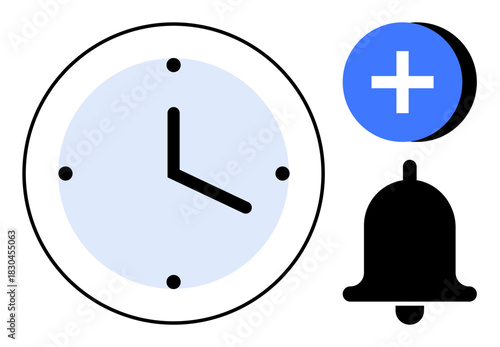 Time management concept. Clock efficient planning, with bell for notifications and add reminder icon. Time tracking and reminders for productivity, scheduling, and task organization. Suitable