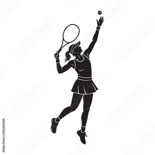 Athletic female tennis player silhouette serving a ball with racket vector illustration.